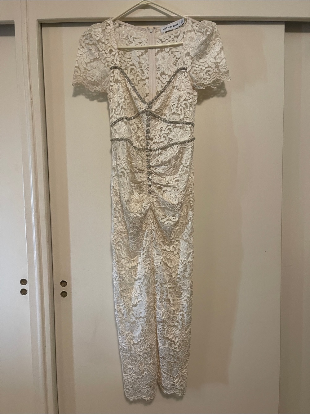Self-Portrait Cream Lace Maxi Dress with Beaded Trim